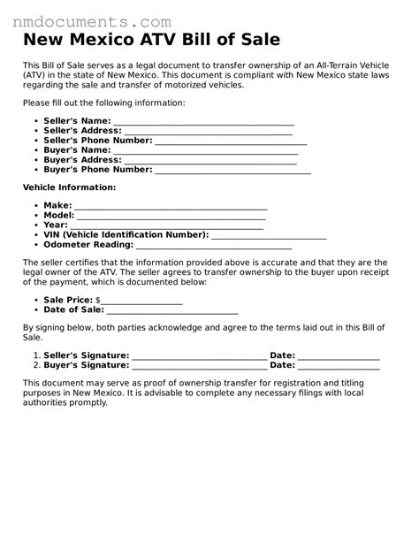 Printable New Mexico ATV Bill of Sale Template > NM Documents