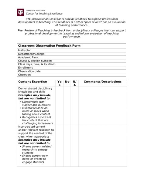 Class Observation Feedback Report - cte tamu Doc Template | pdfFiller