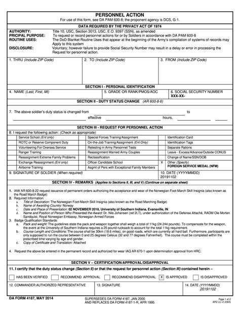 DA Form 4187 Personnel Action - Blank Fillable Template | Fill Out ...