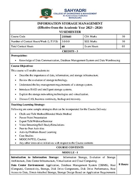 21IS641- Syllabus - .... - INFORMATION STORAGE MANAGEMENT (Effective ...