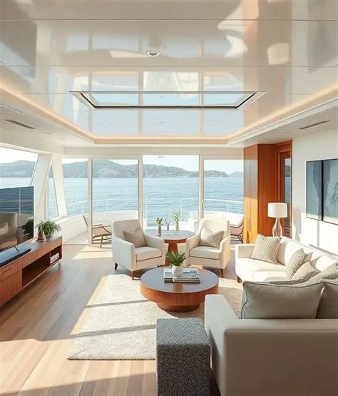 small yacht interior design with skylights and panoramic windows