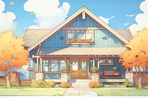 Craftsman house with long overhanging eaves and front yard magazine ...