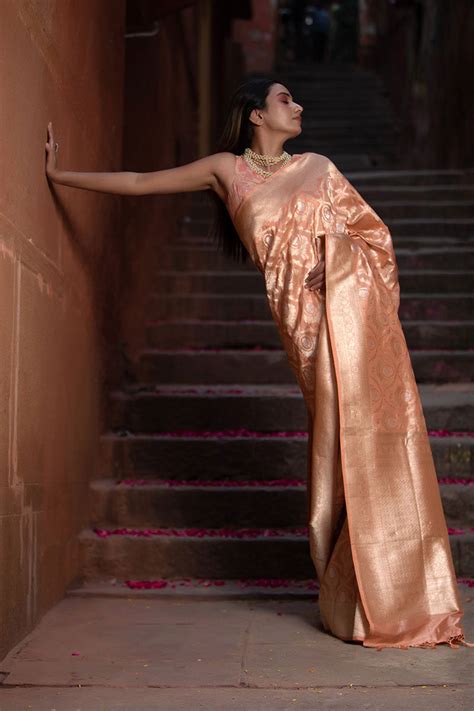 Peach Handloom Katan Silk Banarasi Saree – Chinaya Banaras