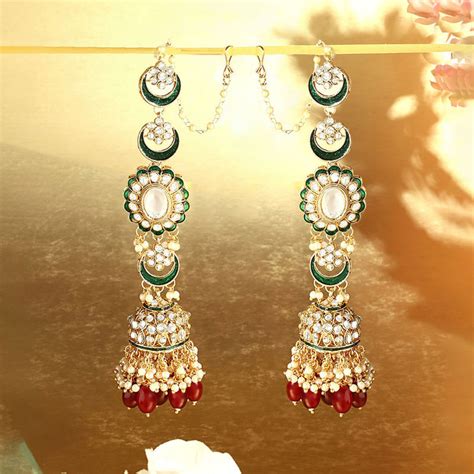 Buy Zaveri Pearls Red & Green Kundan Dazzling Artificial Beads Jhumka ...