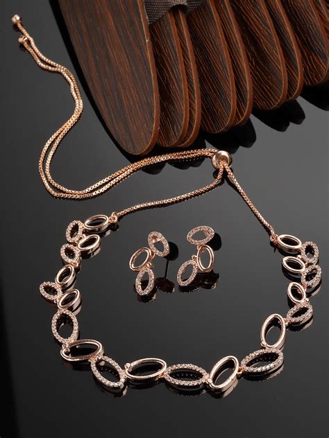 Rose Gold-Plated White American Diamond Studded Oval Shaped Necklace w