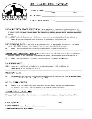 Fillable Online SURGICAL RELEASE CAT SPAY - New Braunfels Veterinary ...