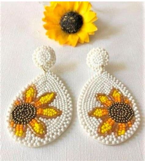 Handmade Sunflower Beaded Teardrop Large Earrings – Dainty Little Shop