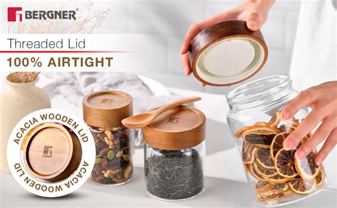 Buy Bergner Acadia Borosilicate Glass Jars with Solid Wood Lid, Set of ...