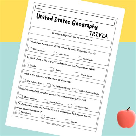 US Geography Worksheets - United States Trivia Printables & Quiz Cards ...