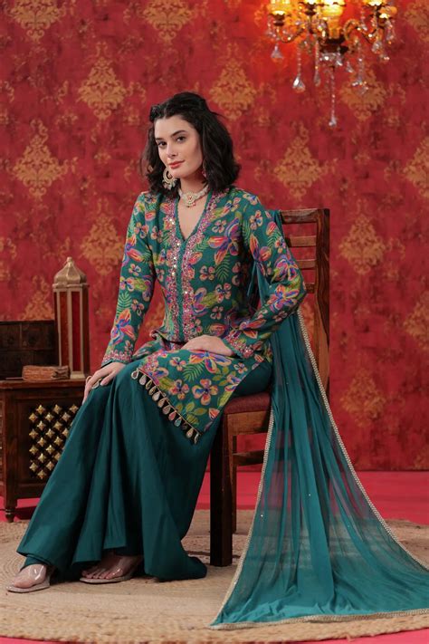 Moss Green Hand Embellished Sharara Set – Bhavyata