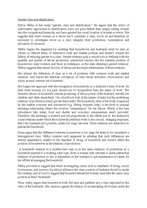 Gender, Class, and Stratification: Insights from Sylvia Walby - Studocu