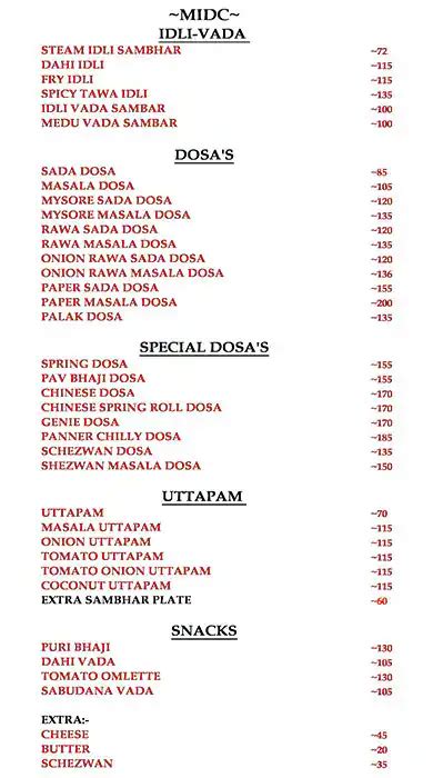 Menu of MIDC Madras, Kandivali East, Mumbai