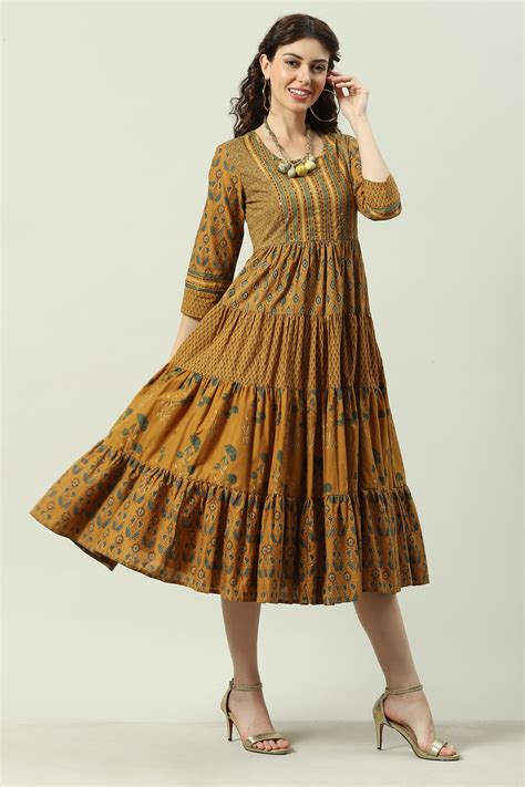 Buy Ochre Cotton Printed Flared Tiered Dress Online at Biba India