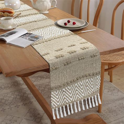 Buy Luxe Home Elegant Beige and White Woven Table Runner with Tassels ...