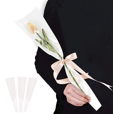 AUEAR 100 PCS Single Rose Packaging Bags White Flower Wrapping Bags ...