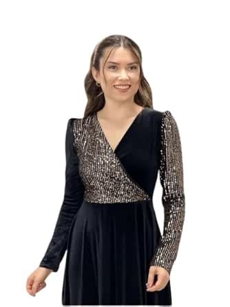 Buy Women's Sequin Patch Deep V-Neck Long Sleeve Party Midi Casual ...