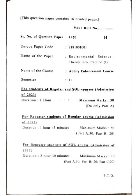 EVS Question Paper: Environmental Science Theory into Practice (I ...