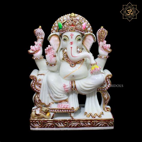 White Marble Ganesh Murti in 12inch with Full Goldwork – BMBIDOLS