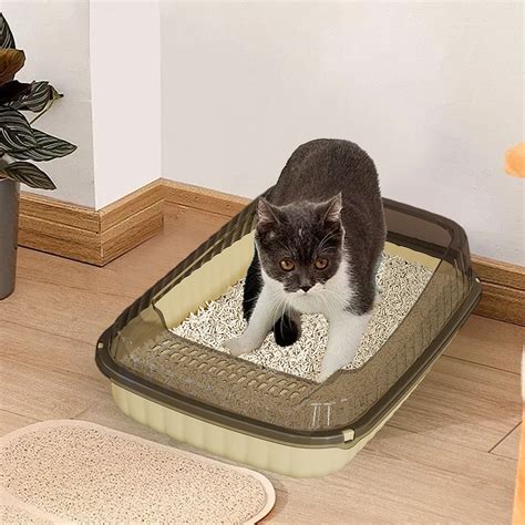 Semi-Enclosed High-Sided Litter Box with Splash-Proof Design, Large Cat Litter Pan with Scoop ...