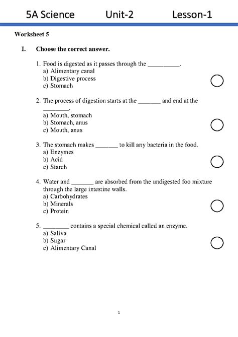 5A Science Digestive System MCQ Worksheet - Studocu