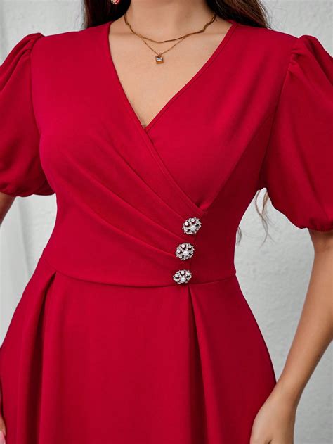 Plus Size Women's Solid Color Overlap V-Neck Puff Sleeve Elegant Dress ...