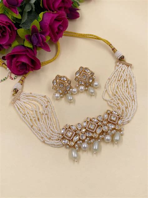 Buy Dolly Gold Plated Modern Kundan Polki And Pearl Choker Set Online ...
