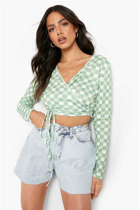 Green Checkered Wrap Top | boohoo UK