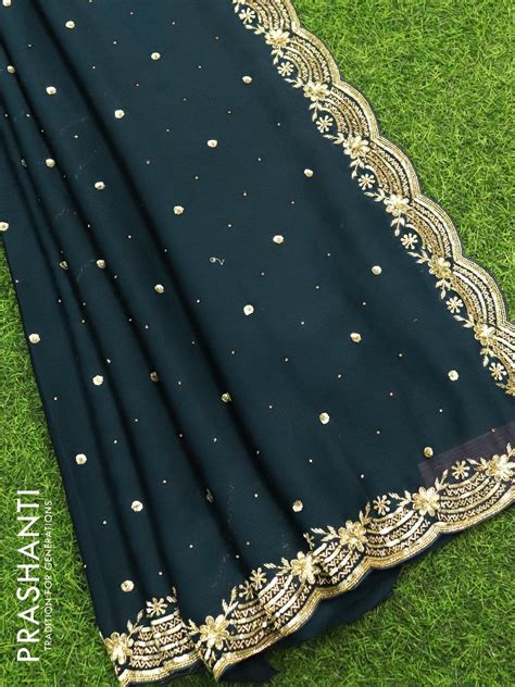 Designer semi chiffon saree peacock blue with allover chamki & zardosi ...