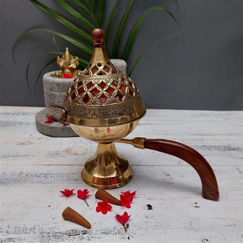 Brass Sambrani/Dhoop Stand – Elegant Home Decor with Wooden Handle