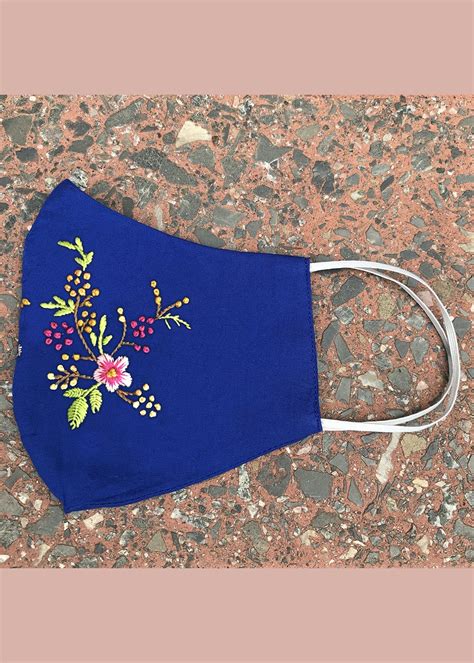 Get Hand Embroidered Multicolor Flowers on Blue Mask at ₹ 135 | LBB Shop