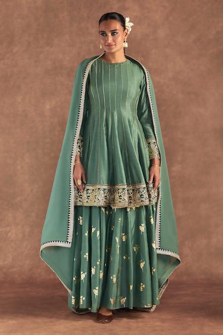 Buy Green Organza, Silk Embroidery, Foil Printing Round Neck Irisbud ...