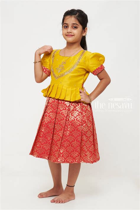 Yellow and Red Pattu Silk Frock | Gold Floral Banarasi Pattern ...