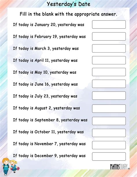 What was Yesterday’s Date - Math Worksheets - MathsDiary.com