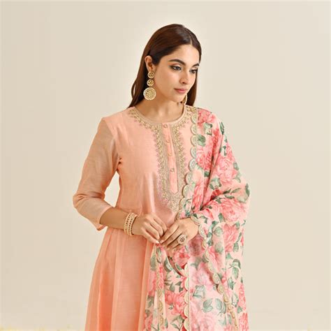 Buy Peach Anarkali Set with Floral Printed Dupatta & Yoke Embroidery ...