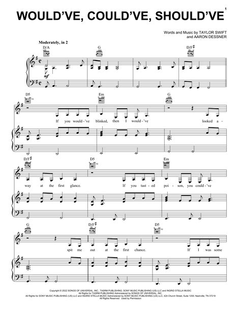 Would've, Could've, Should've by Taylor Swift Sheet Music for Piano ...