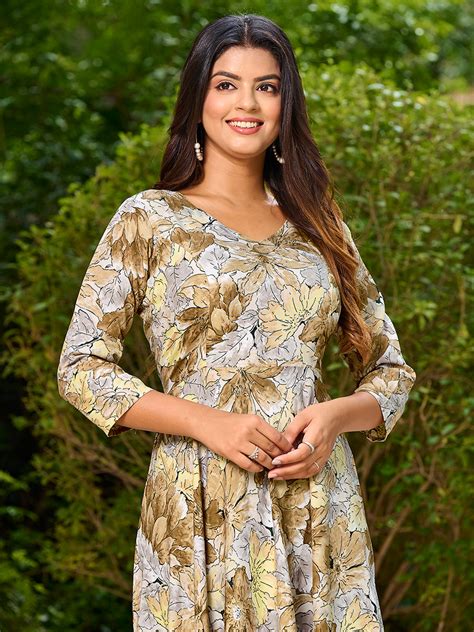 Dark Mustard Floral Printed Round Shape Kurta