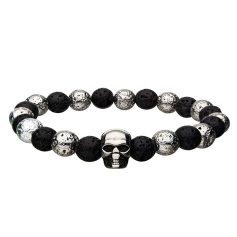 Buy Men's Silver Tone Skull with Black Molten Lava Bead Bracelet - INOX ...
