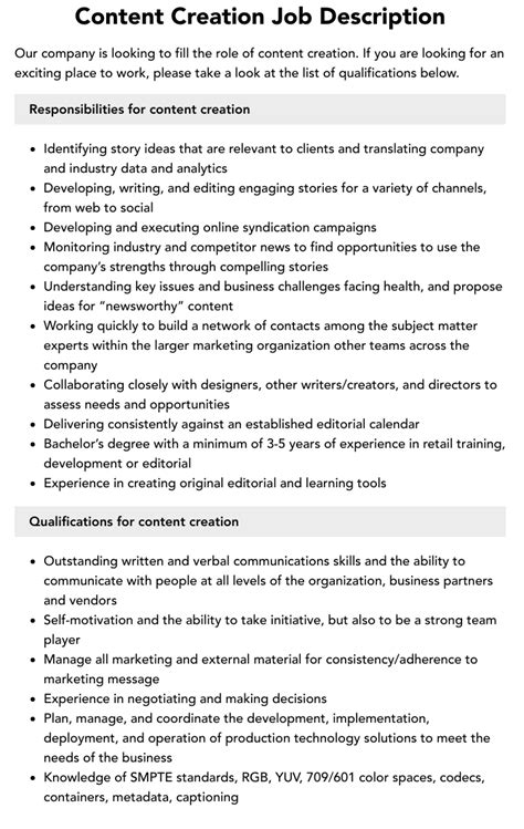 Content Creation Job Description | Velvet Jobs