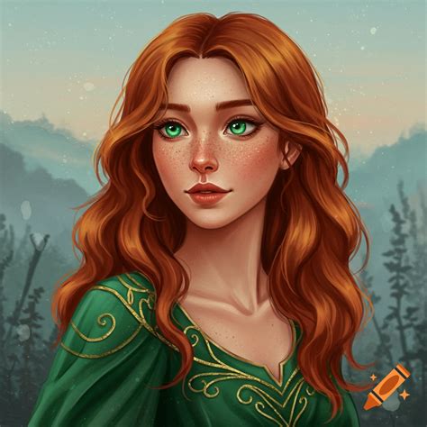 Digital painting of a woman with long red hair and green eyes, wearing ...