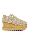 Buy Gold Mirror Work Wedge Sneakers by Anaar Online at Aza Fashions.