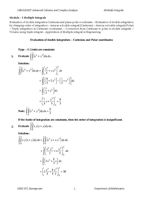 Unit 1 - Multiple Integrals: Evaluating Area and Volume Integrals - Studocu