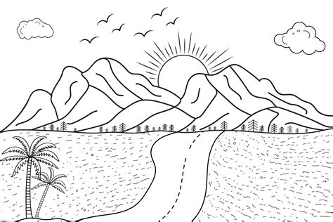 hand-drawn line art landscape mountain view, with sun and clouds, under the river, wild beach ... - sketch of scenery