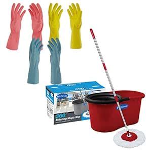 Primeway® 360 Rotating Spin Mop and Bucket, Red with 3 Pcs Rubber ...