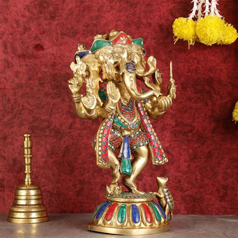 Buy Brass Dancing Panchmukhi Ganesha Statue - 15 Inch with stonework ...