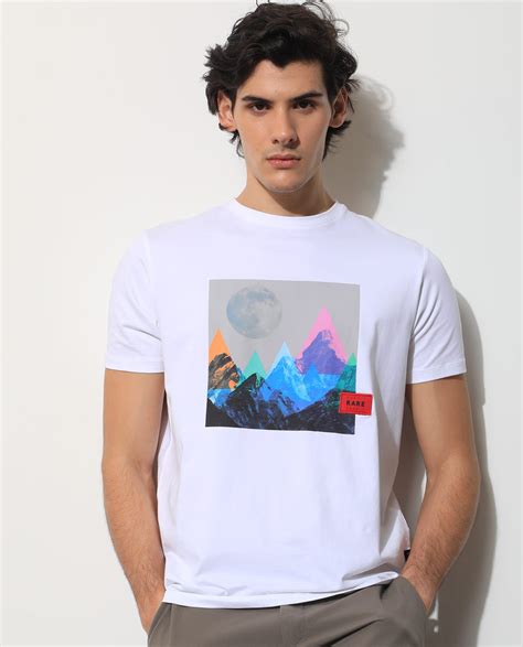 Rare Rabbit Men's Oden White Crew Neck Abstract Graphic Printed Half S