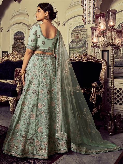 Odette Women Classic Sea Green Georgette Embroidered Semi Stitched Leh