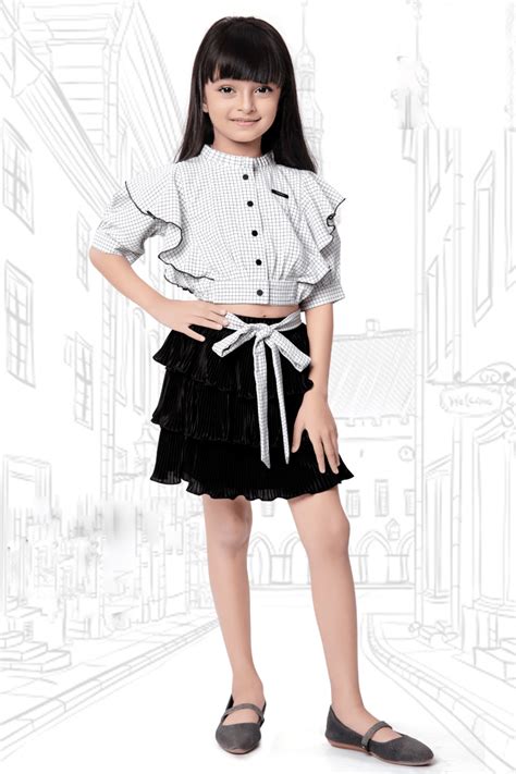 White with Black Checked Printed Top and Divider Skirt for Girls ...