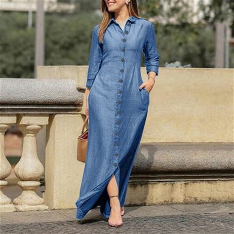 IDALL Maxi Dresses,Denim Dress Women Casual Solid Denim Dress V Neck ...