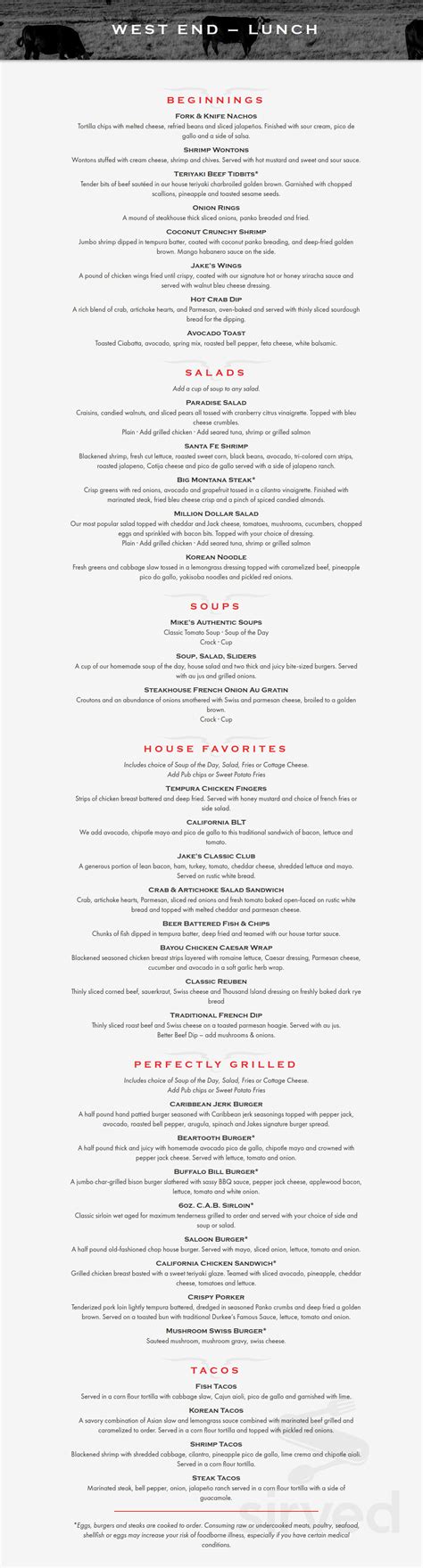 Jake's Bar & Grill menu in Billings, Montana, USA