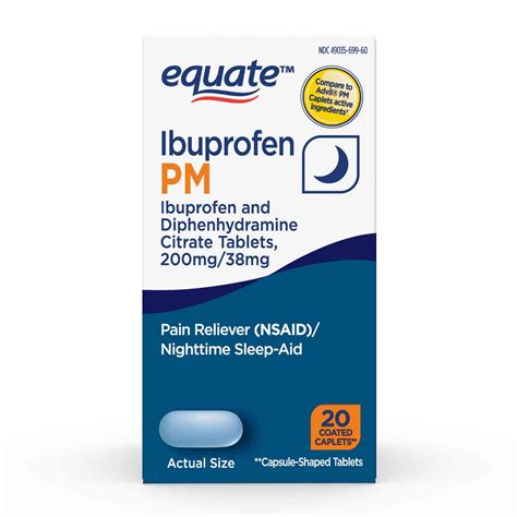 Equate Ibuprofen PM, Ibuprofen and Diphenhydramine Citrate Tablets, 200 mg/38 mg, 20 Count ...
